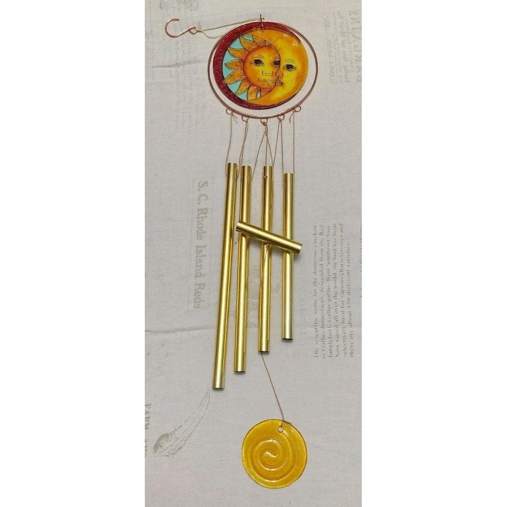 Vintage 1990s 90s Decor Celestial Sun Face Y2K Stained Style Glass Wind Chime